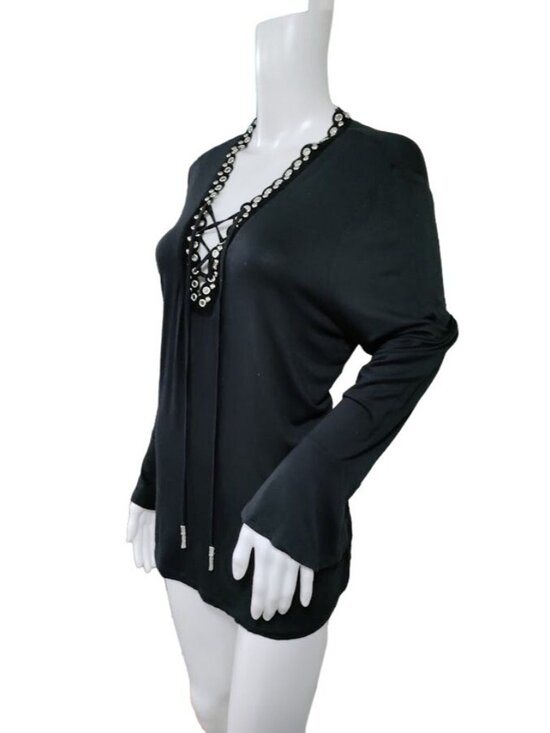 Michael Kors Bell Sleeve Black Lace Up Deep V Top Large - Picture 2 of 14